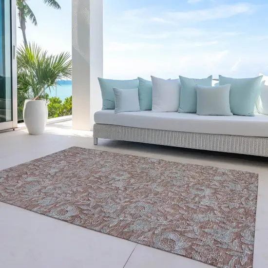 Terra Cotta Copper And Taupe Floral Washable Indoor Outdoor Area Rug Photo 7