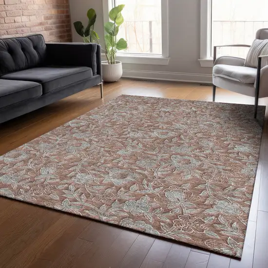 Terra Cotta Copper And Taupe Floral Washable Indoor Outdoor Area Rug Photo 8