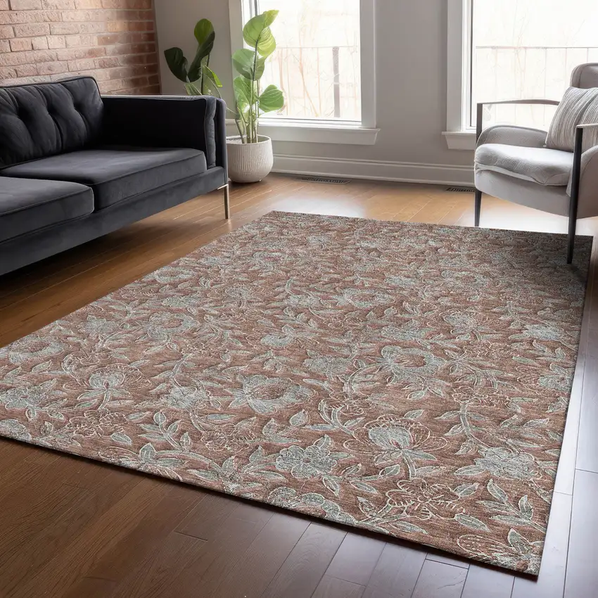Terra Cotta Copper And Taupe Floral Washable Indoor Outdoor Area Rug Photo 8