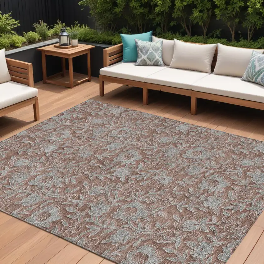Terra Cotta Copper And Taupe Floral Washable Indoor Outdoor Area Rug Photo 1