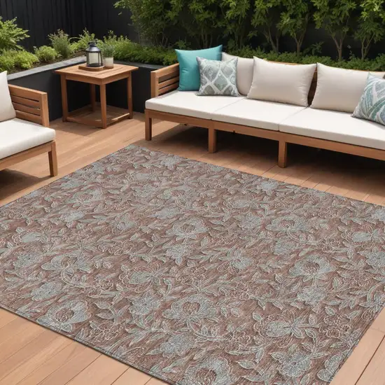 Terra Cotta Copper And Taupe Floral Washable Indoor Outdoor Area Rug Photo 1
