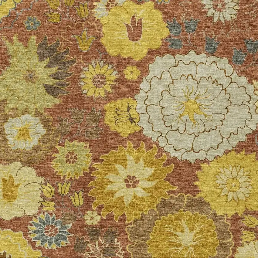 Terra Cotta Gold And Beige Floral Washable Indoor Outdoor Area Rug Photo 7