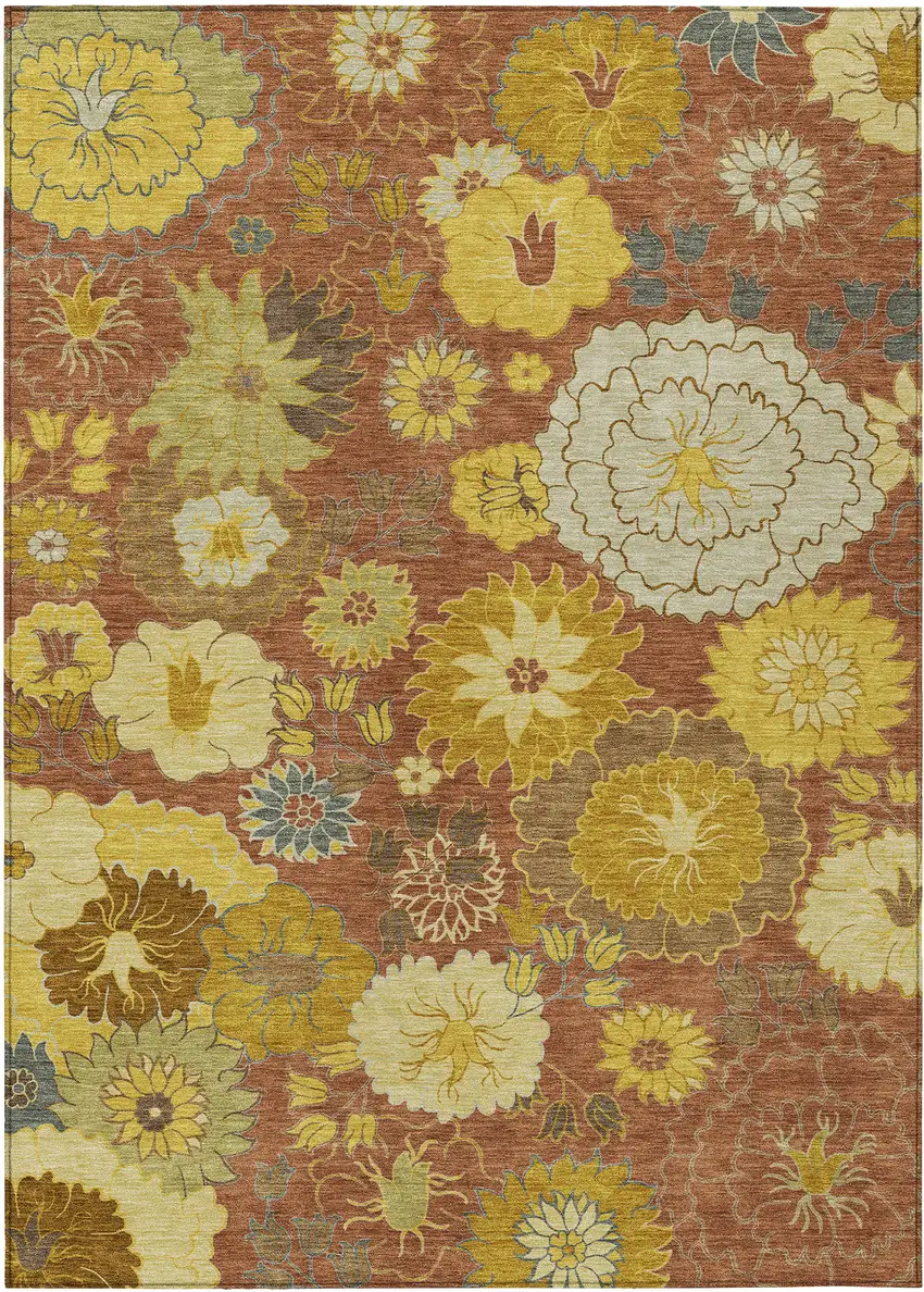 Terra Cotta Gold And Beige Floral Washable Indoor Outdoor Area Rug Photo 2