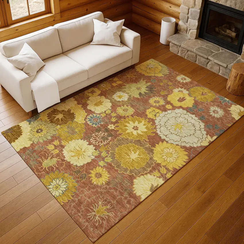 Terra Cotta Gold And Beige Floral Washable Indoor Outdoor Area Rug Photo 9