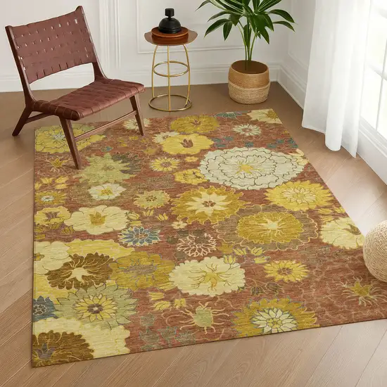 Terra Cotta Gold And Beige Floral Washable Indoor Outdoor Area Rug Photo 9