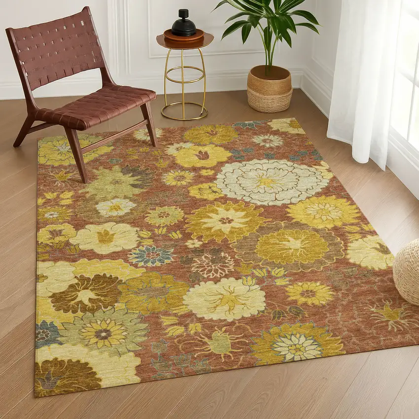 Terra Cotta Gold And Beige Floral Washable Indoor Outdoor Area Rug Photo 9