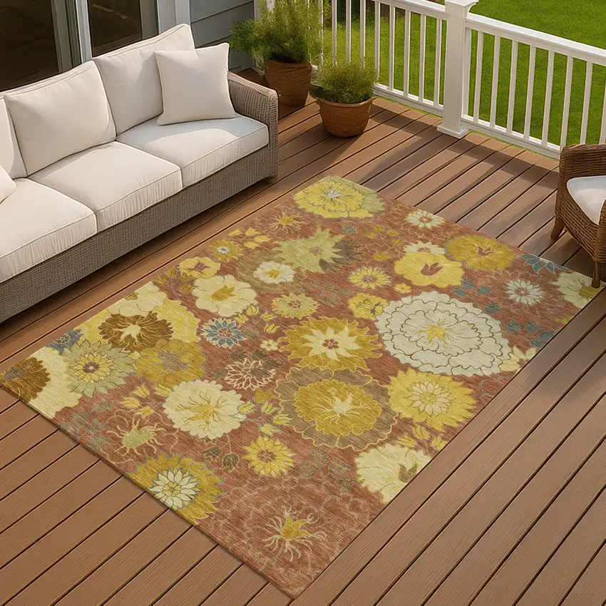 Terra Cotta Gold And Beige Floral Washable Indoor Outdoor Area Rug Photo 9