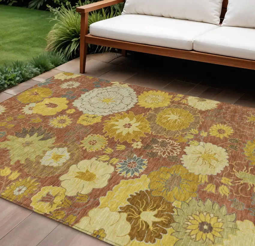 Terra Cotta Gold And Beige Floral Washable Indoor Outdoor Area Rug Photo 1