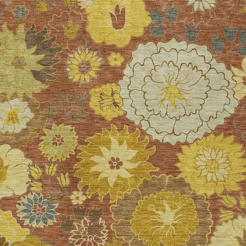 Terra Cotta Gold And Beige Floral Washable Indoor Outdoor Area Rug Photo 7