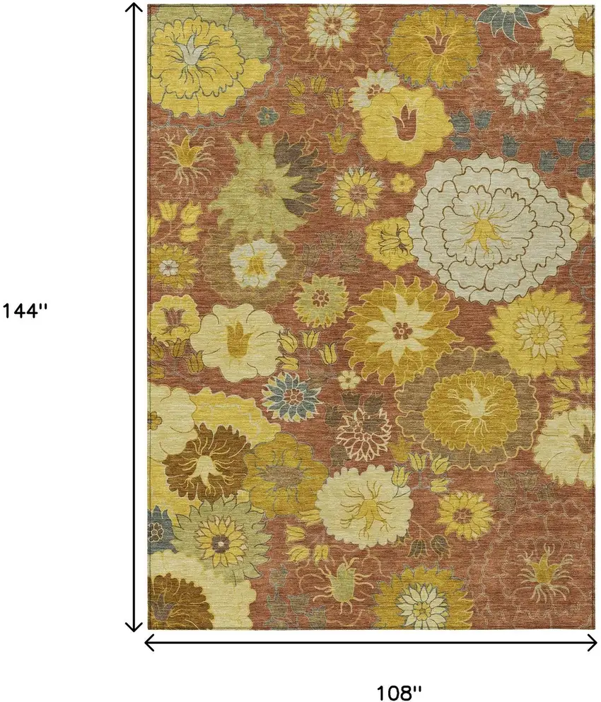 Terra Cotta Gold And Beige Floral Washable Indoor Outdoor Area Rug Photo 3