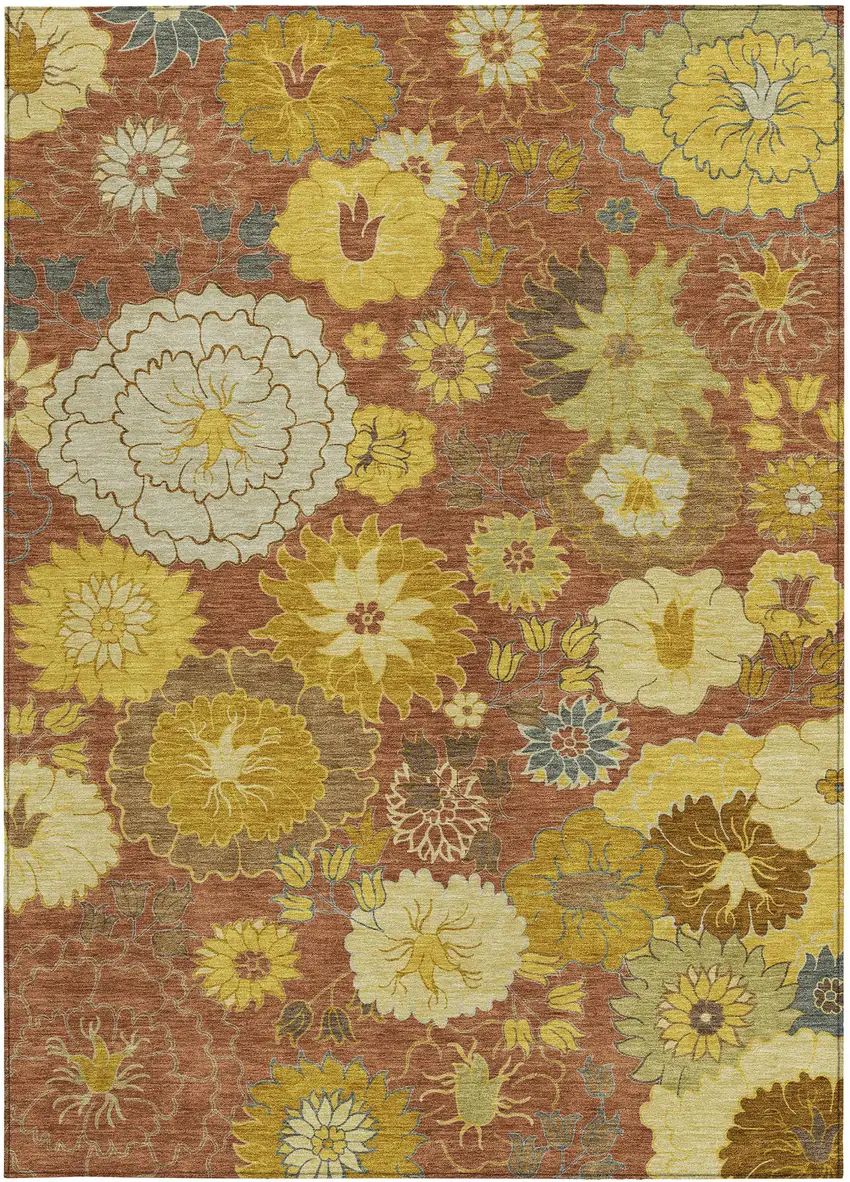 Terra Cotta Gold And Beige Floral Washable Indoor Outdoor Area Rug Photo 4