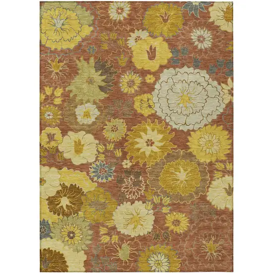 Terra Cotta Gold And Beige Floral Washable Indoor Outdoor Area Rug Photo 2