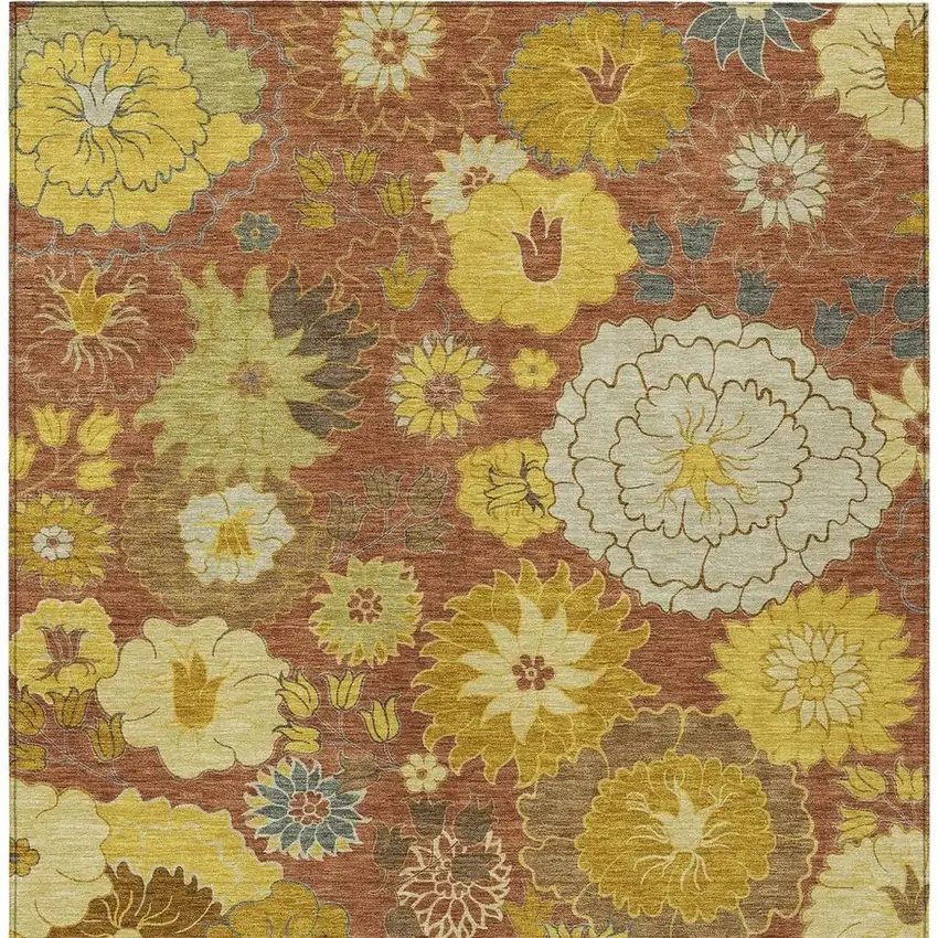 Terra Cotta Gold And Beige Floral Washable Indoor Outdoor Area Rug Photo 7