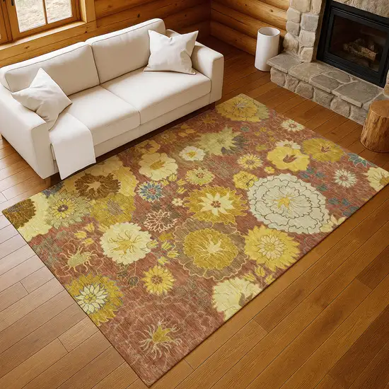 Terra Cotta Gold And Beige Floral Washable Indoor Outdoor Area Rug Photo 9