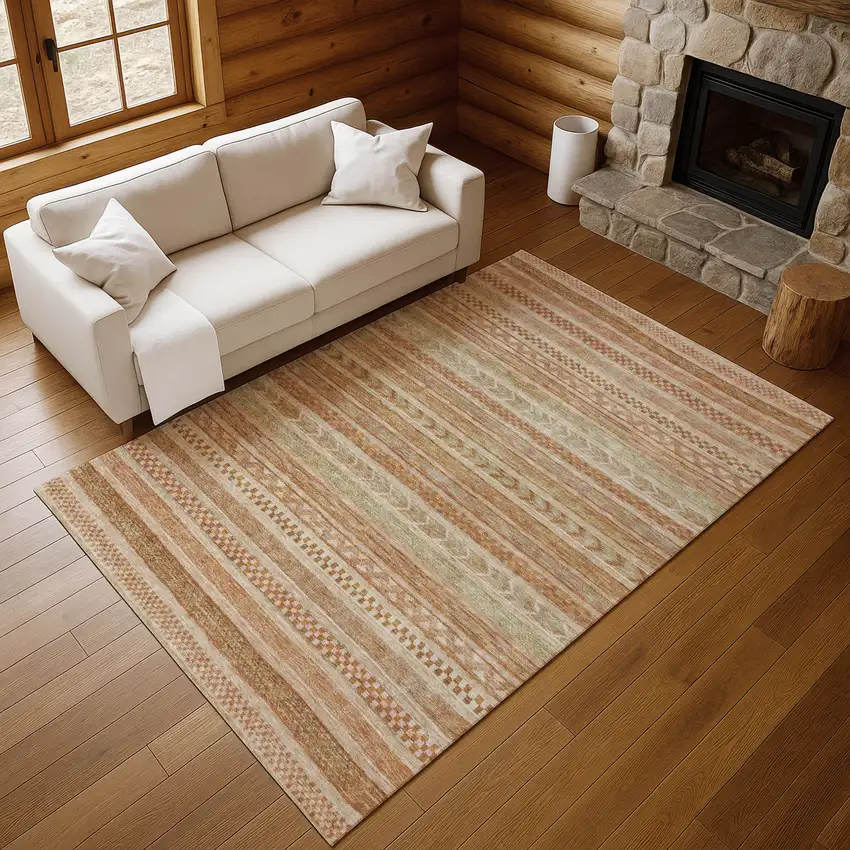 Terra Cotta Gold And Beige Striped Washable Area Rug With UV Protection Photo 1