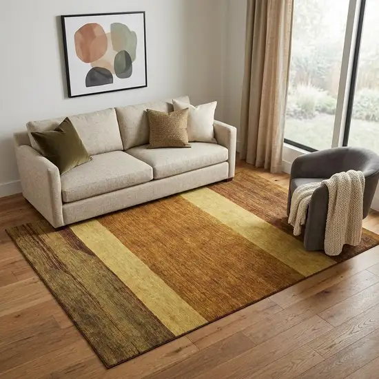 Terra Cotta Gold And Brown Striped Washable Area Rug With UV Protection Photo 1