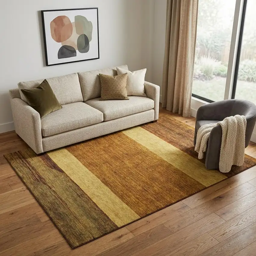 Terra Cotta Gold And Brown Striped Washable Area Rug With UV Protection Photo 1