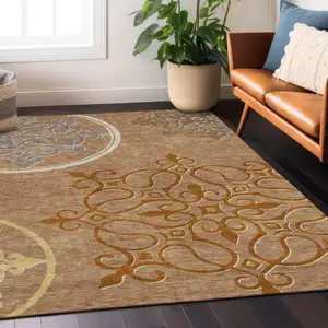 Photo of Terra Cotta Gold And Gray Floral Medallion Washable Indoor Outdoor Area Rug