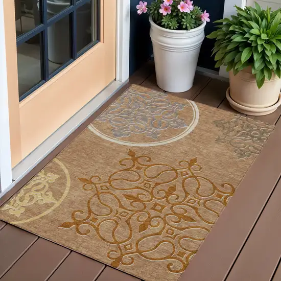 Terra Cotta Gold And Gray Floral Medallion Washable Indoor Outdoor Area Rug Photo 1