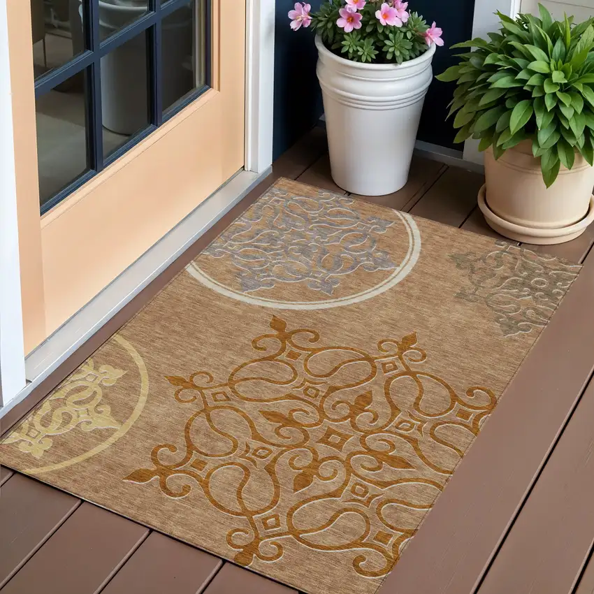 Terra Cotta Gold And Gray Floral Medallion Washable Indoor Outdoor Area Rug Photo 1