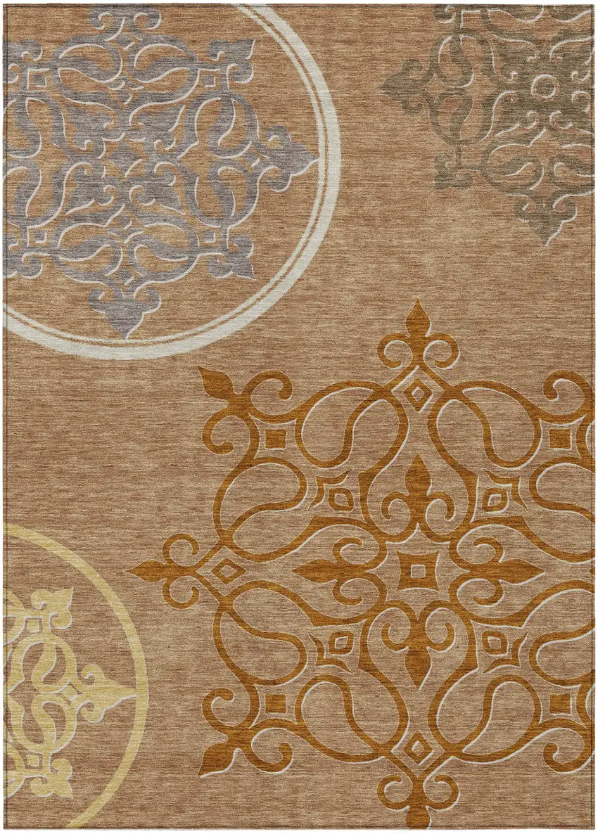 Terra Cotta Gold And Gray Floral Medallion Washable Indoor Outdoor Area Rug Photo 2