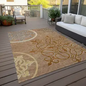 Photo of Terra Cotta Gold And Gray Floral Medallion Washable Indoor Outdoor Area Rug