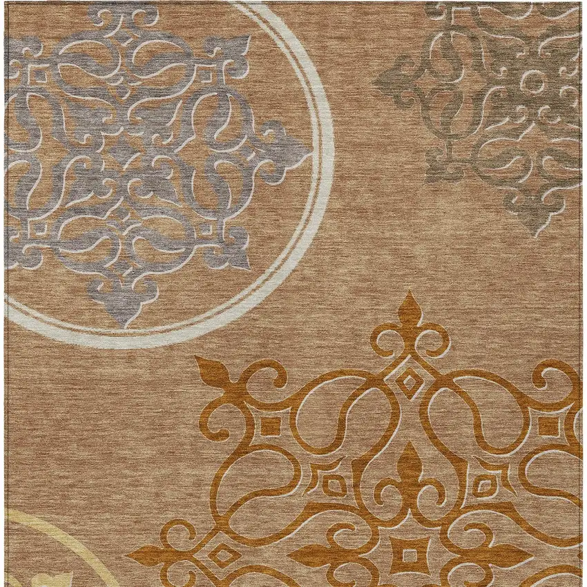 Terra Cotta Gold And Gray Floral Medallion Washable Indoor Outdoor Area Rug Photo 6