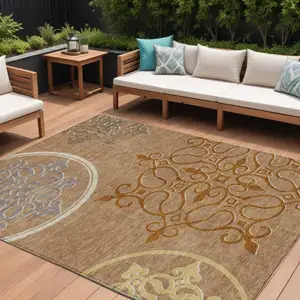 Photo of Terra Cotta Gold And Gray Floral Medallion Washable Indoor Outdoor Area Rug