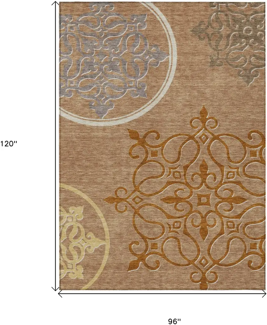 Terra Cotta Gold And Gray Floral Medallion Washable Indoor Outdoor Area Rug Photo 3
