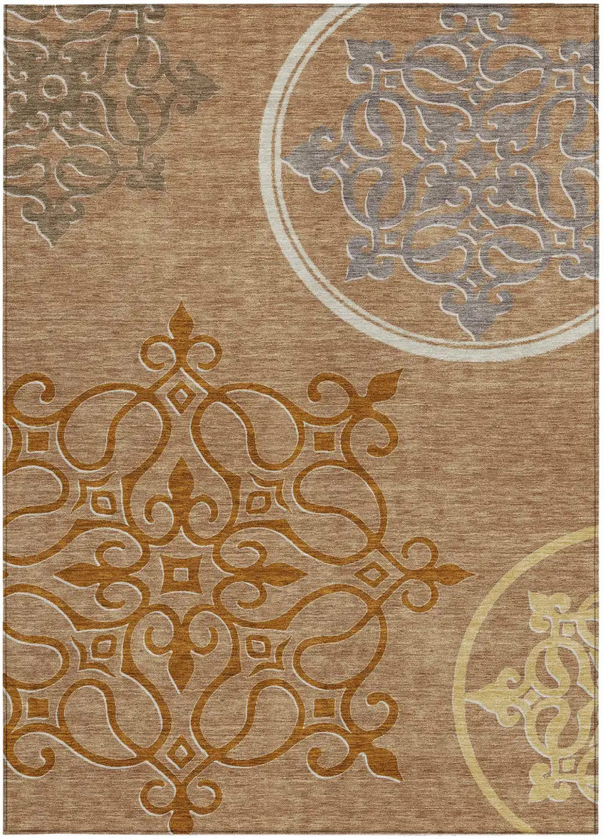 Terra Cotta Gold And Gray Floral Medallion Washable Indoor Outdoor Area Rug Photo 6