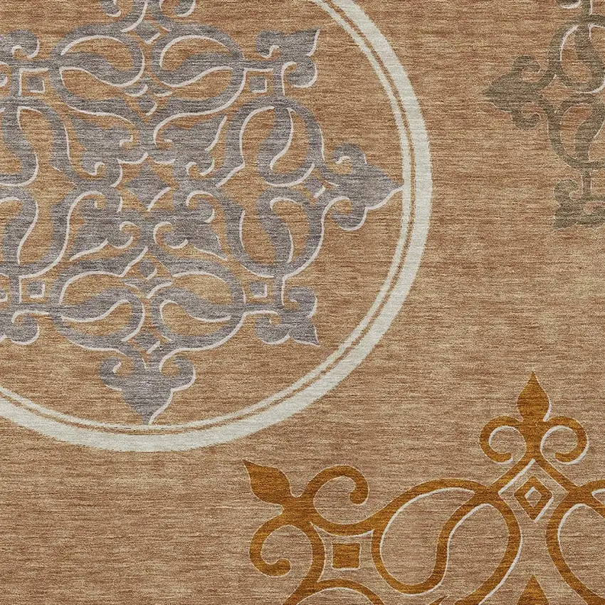 Terra Cotta Gold And Gray Floral Medallion Washable Indoor Outdoor Area Rug Photo 6