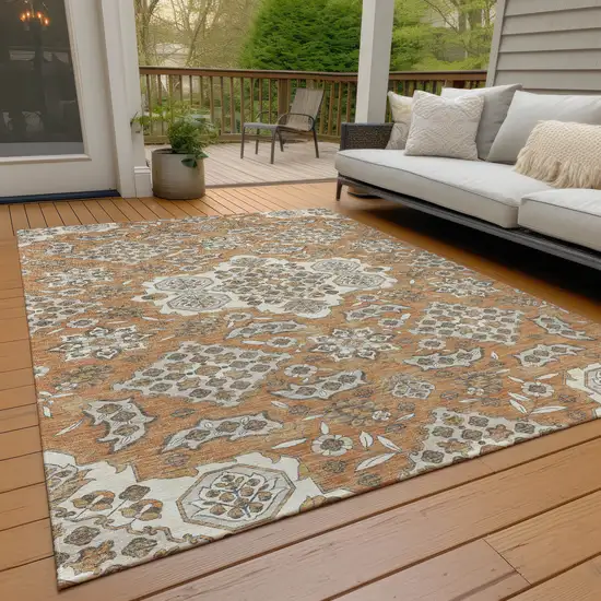 Terra Cotta Gray And Beige Medallion Washable Indoor Outdoor Area Rug Photo 8