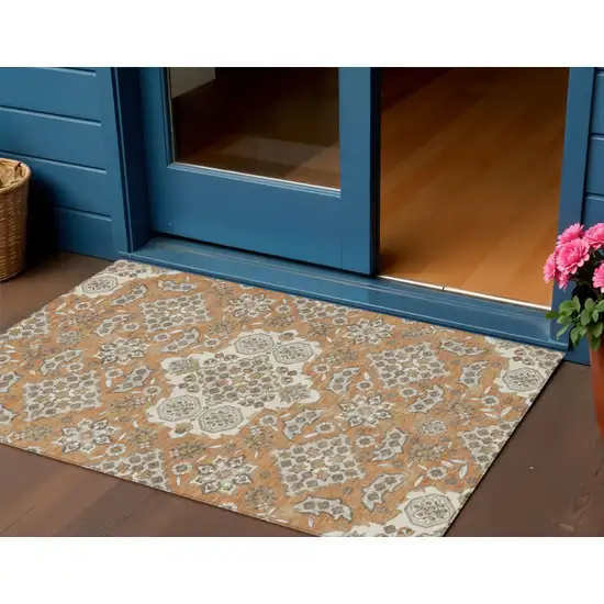 Terra Cotta Gray And Beige Medallion Washable Indoor Outdoor Area Rug Photo 2