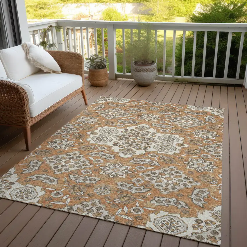 Terra Cotta Gray And Beige Medallion Washable Indoor Outdoor Area Rug Photo 5