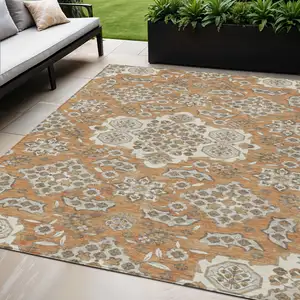 Photo of Terra Cotta Gray And Beige Medallion Washable Indoor Outdoor Area Rug