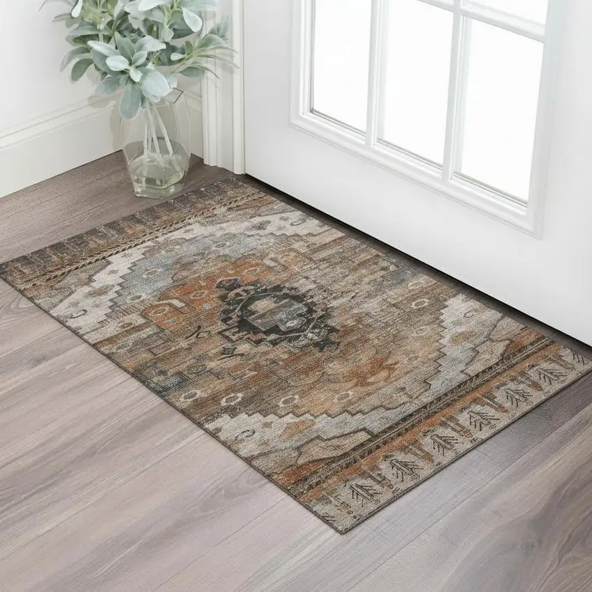 Terra Cotta Gray And Beige Oriental Washable Area Rug With UV Protection Photo 2