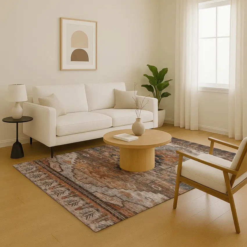 Terra Cotta Gray And Beige Oriental Washable Area Rug With UV Protection Photo 5