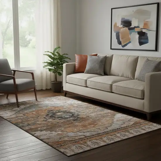 Terra Cotta Gray And Beige Oriental Washable Area Rug With UV Protection Photo 2