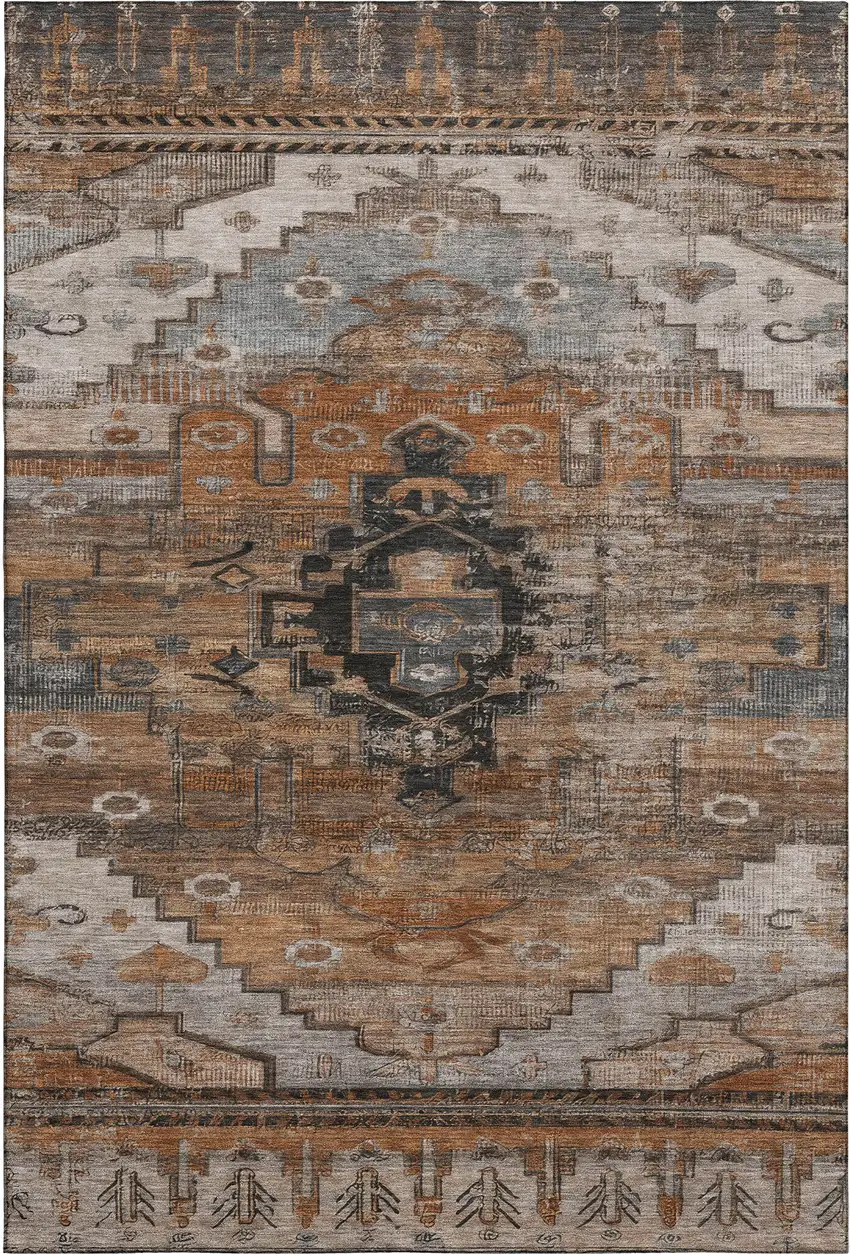 Terra Cotta Gray And Beige Oriental Washable Area Rug With UV Protection Photo 1