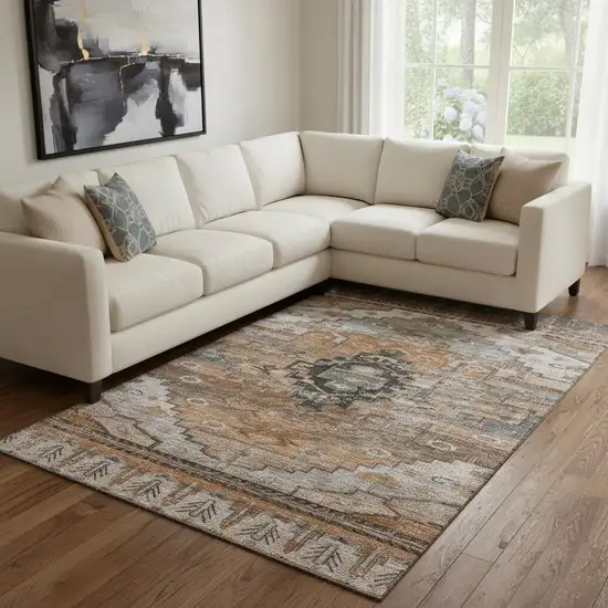 Terra Cotta Gray And Beige Oriental Washable Area Rug With UV Protection Photo 2