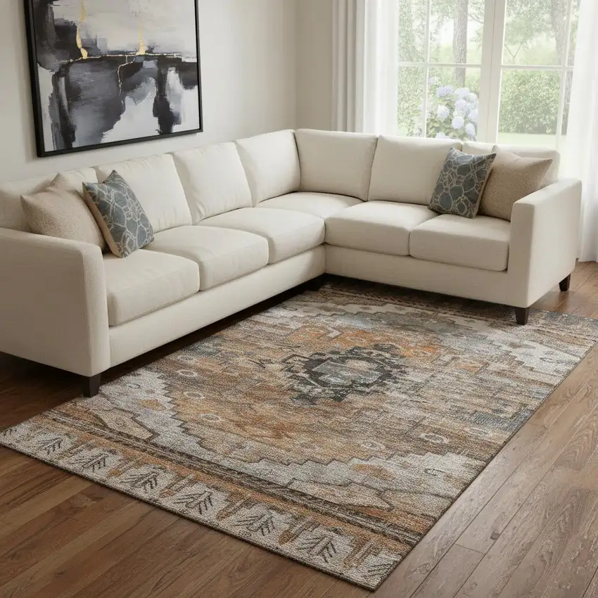 Terra Cotta Gray And Beige Oriental Washable Area Rug With UV Protection Photo 2