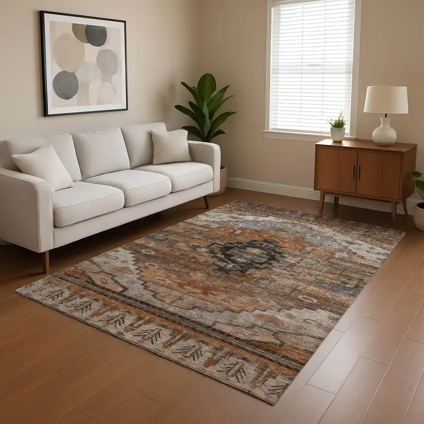 Terra Cotta Gray And Beige Oriental Washable Area Rug With UV Protection Photo 4