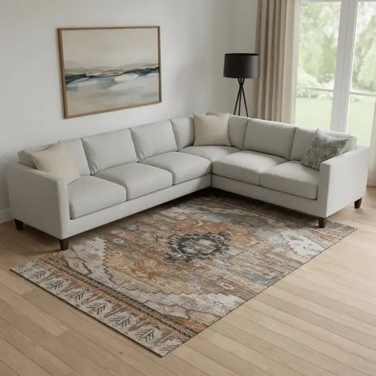 Terra Cotta Gray And Beige Oriental Washable Area Rug With UV Protection Photo 2