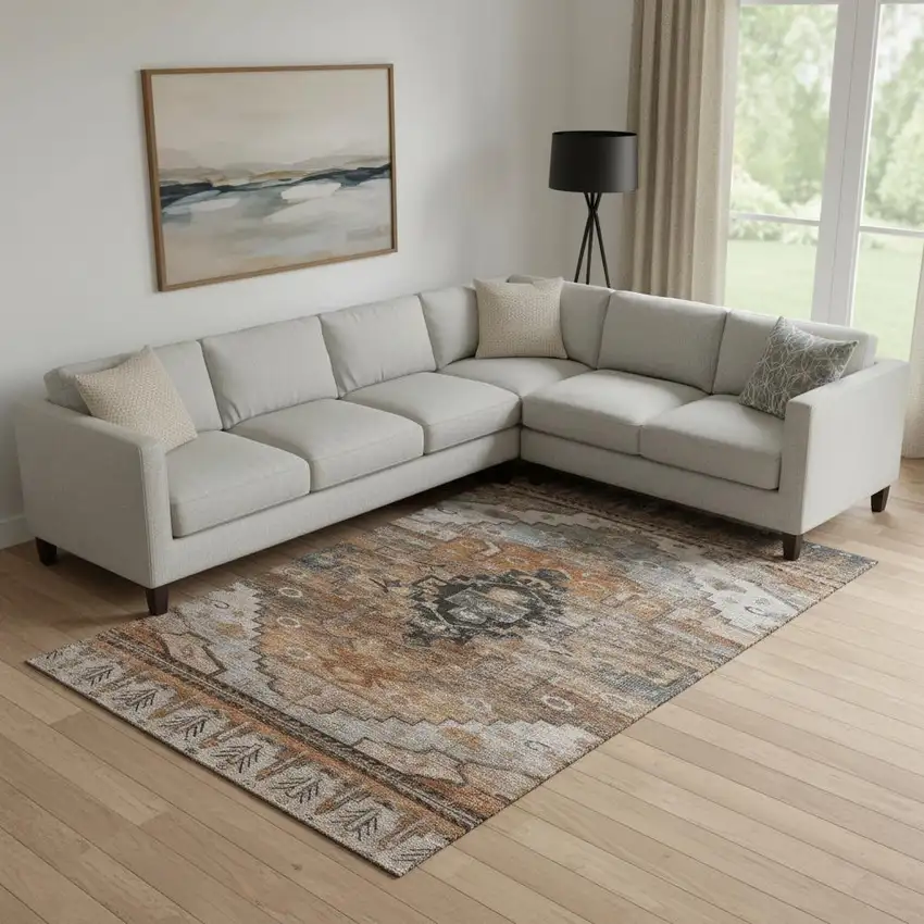 Terra Cotta Gray And Beige Oriental Washable Area Rug With UV Protection Photo 2