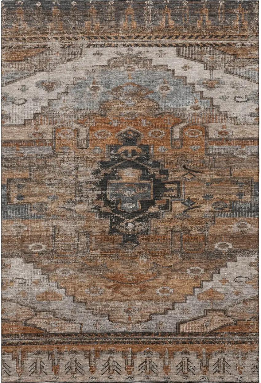 Terra Cotta Gray And Beige Oriental Washable Area Rug With UV Protection Photo 3