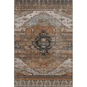 Photo of Terra Cotta Gray And Beige Oriental Washable Area Rug With UV Protection