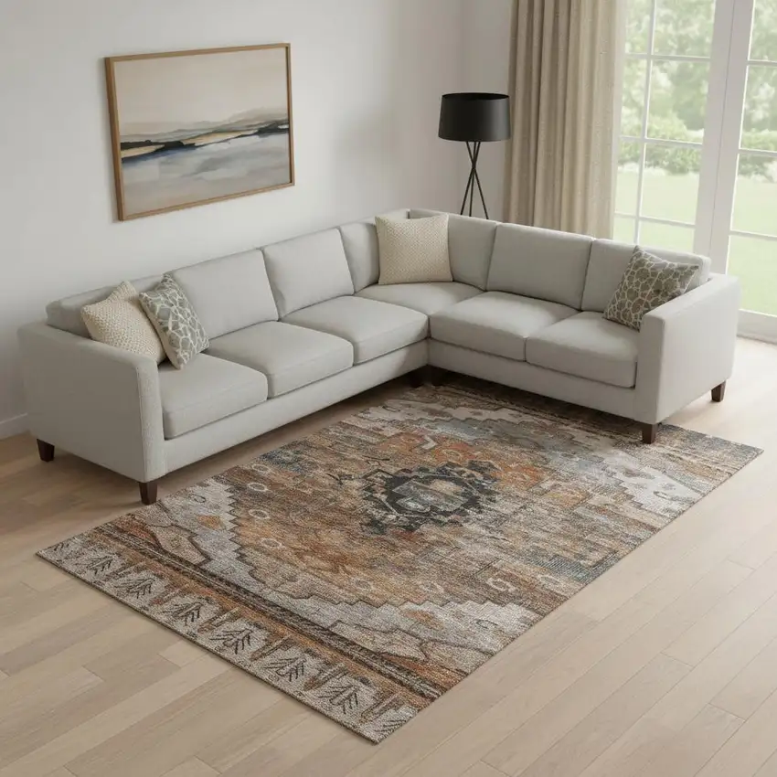 Terra Cotta Gray And Beige Oriental Washable Area Rug With UV Protection Photo 2