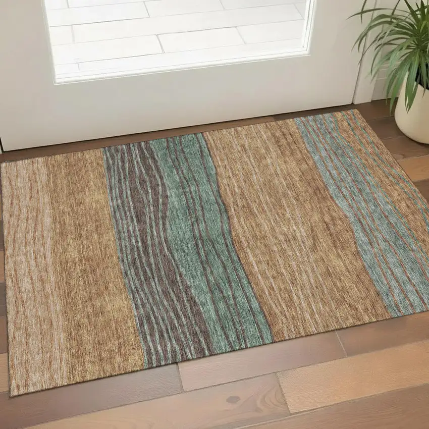 Terra Cotta Gray And Beige Striped Washable Area Rug With UV Protection Photo 1