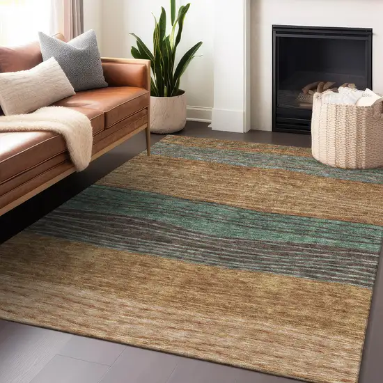 Terra Cotta Gray And Beige Striped Washable Area Rug With UV Protection Photo 5