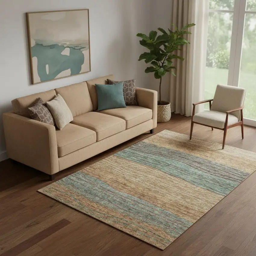 Terra Cotta Gray And Beige Striped Washable Area Rug With UV Protection Photo 1